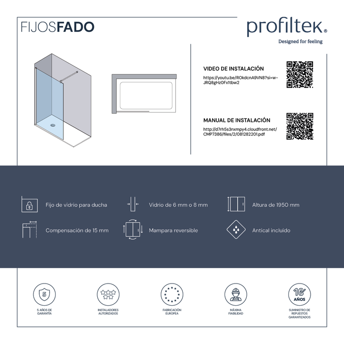 PROFILTEK FADO Mampara Fijo Perfil Oro Mate Vidrio 8 mm Transparente