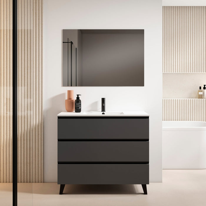 VISOBATH GRANADA Conjunto Mueble de Baño Completo 3 Cajones Color Ceniza Tirador Negro