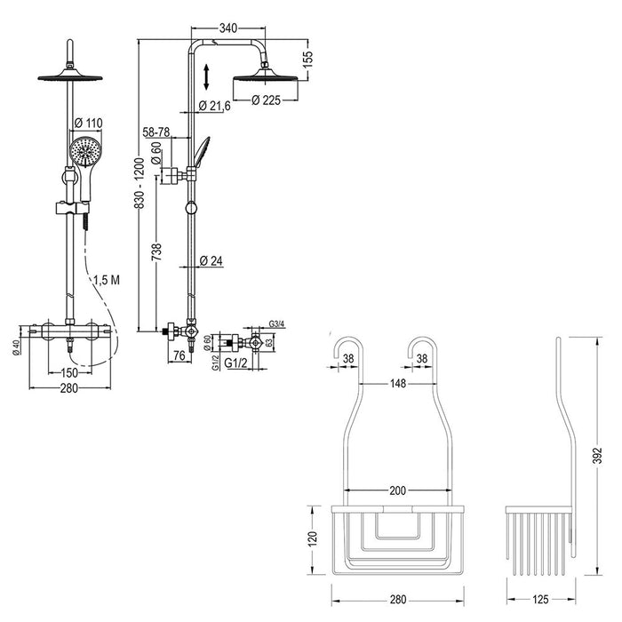 LLAVISAN 830084 Pack Columna Termostática Round Negra + Portagel Colgar Negro