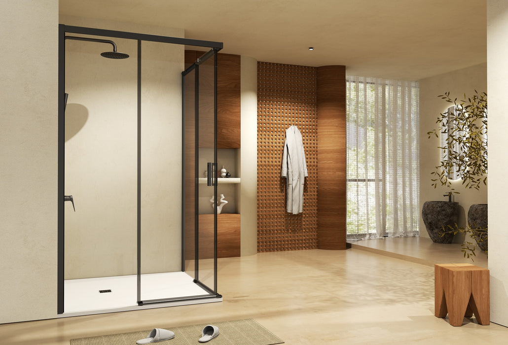 SB_X EASY Mampara Ducha Rectangular 2F+2C Negro Mate Transparente