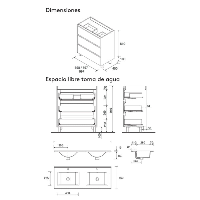 SALGAR 106293 NOJA Mueble de Baño con Lavabo 6 Cajones 120 cm Color Roble África