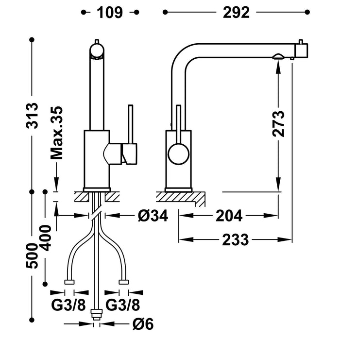 TRES 23045303 COCINA Grifo Monomando 2 Vías Agua Filtrada Cromo