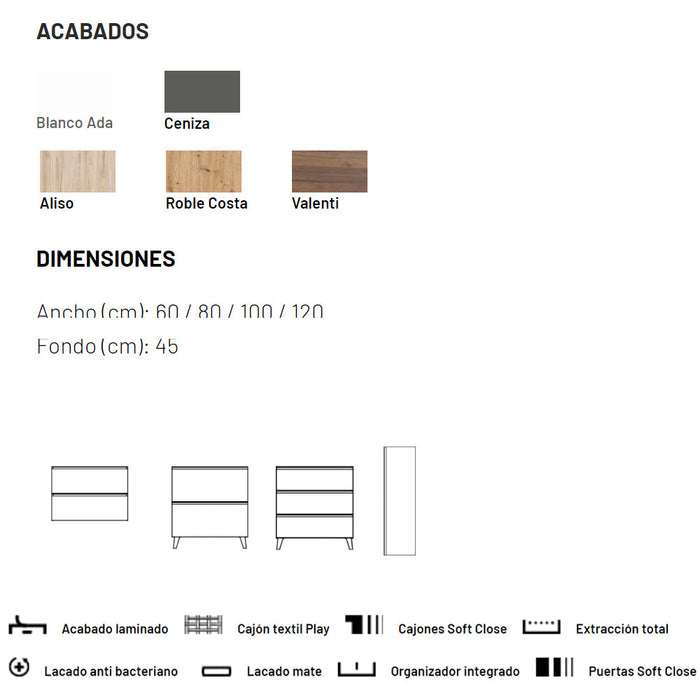 VISOBATH GRANADA Conjunto Completo Mueble de Baño Suspendido 2 Cajones Color Gris Ceniza Tirador Aluminio