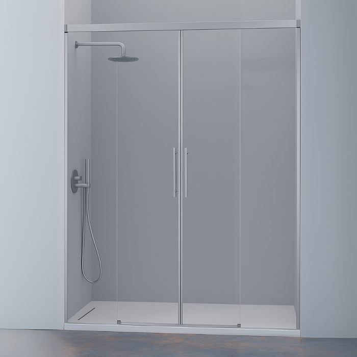 KASSANDRA URBAN Mampara Frente de Ducha 2 Fijos + 2 Puertas Correderas Plata Mate Cepillado Transparente