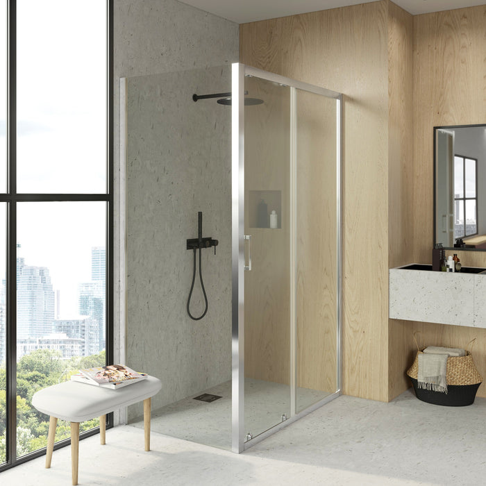 BATHME LONDON-3 Mampara Ducha Lateral Fijo+Frontal Corredera Cromo Transparente
