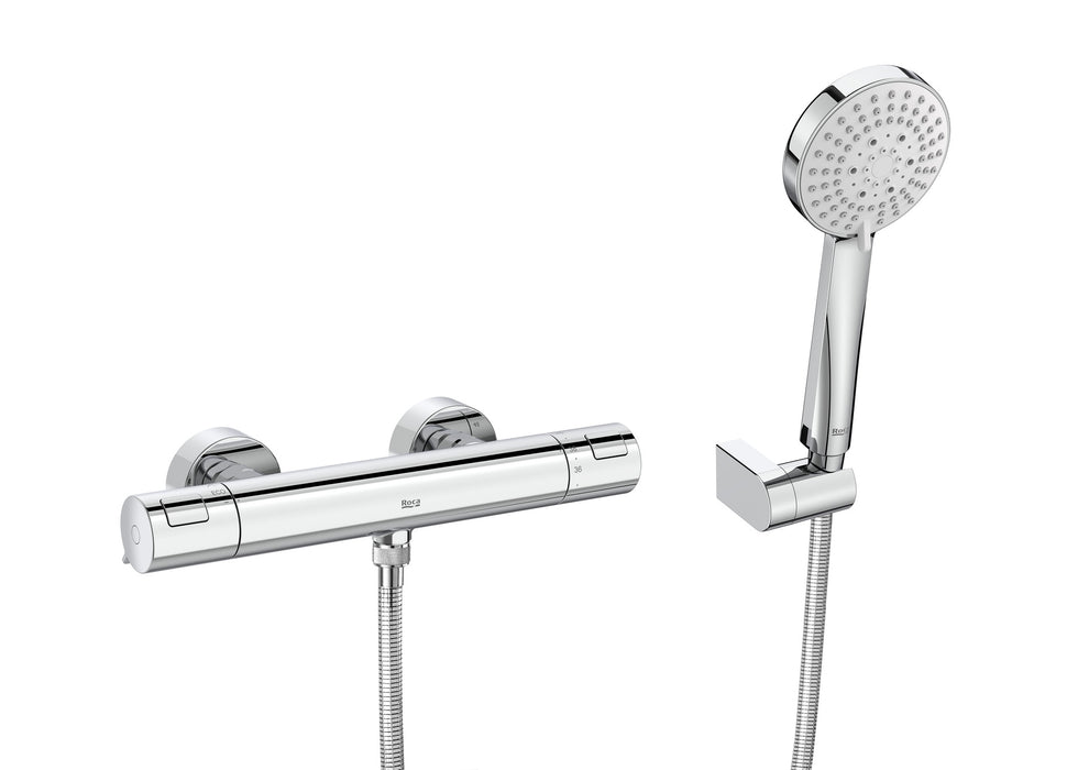 ROCA A5D2E18C00 T-500 Pack Grifo Termostático Exterior Ducha T-500 + Set de Ducha Stella 100/3 Cromo