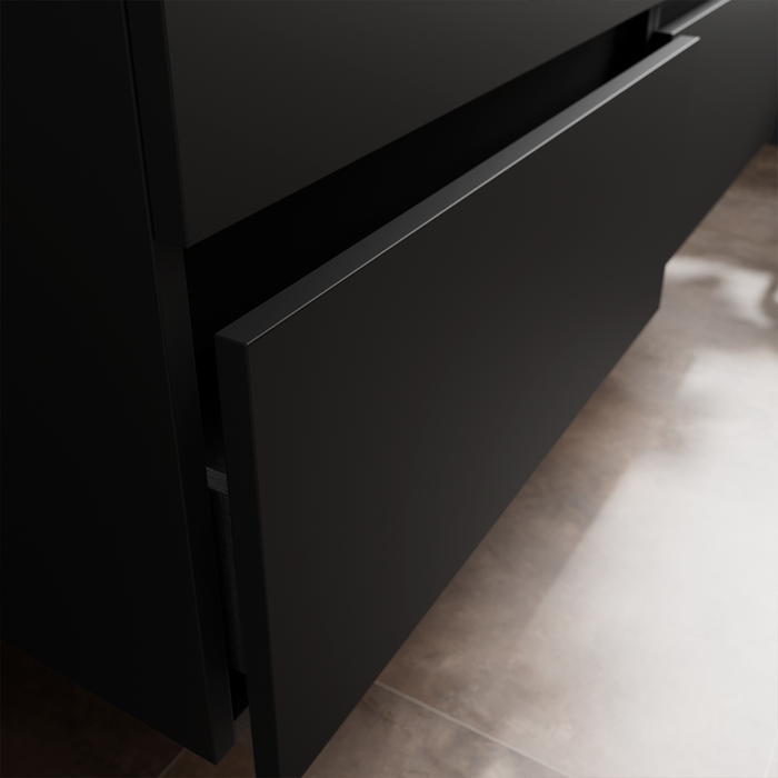 SALGAR BEQUIA Mueble de Baño con Lavabo de Posar y Encimera 2 Cajones 1 Puerta Reversible Negro Mate Roble