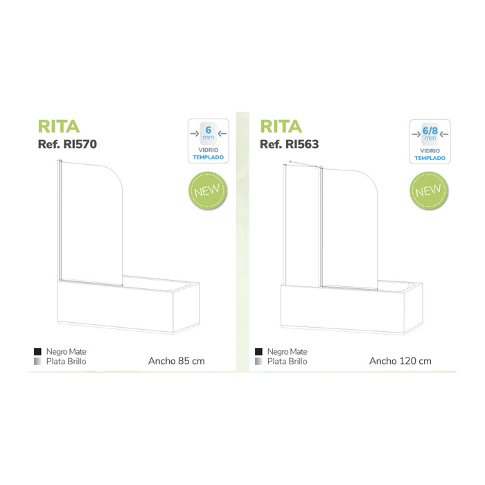 KASSANDRA RI563 RITA Mampara Fijo+Abatible Para Bañera Negro Mate Transparente