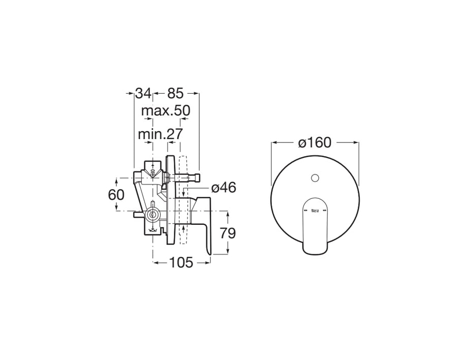 ROCA A5A066EC00 CALA Grifo Monomando Empotrable Baño-Ducha Con Cuerpo Empotrable Cromo