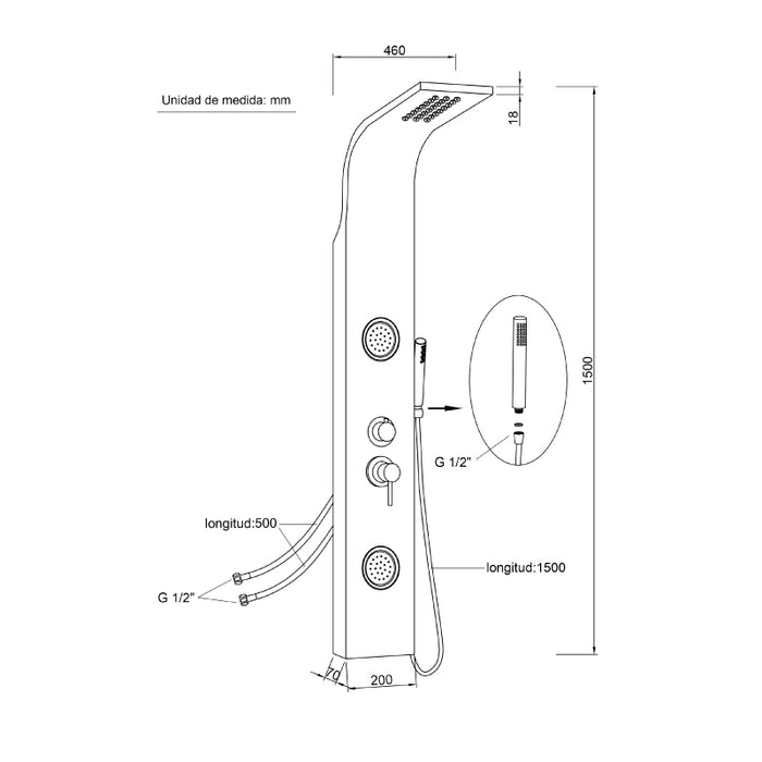 UNIVERSAL DE GRIFERÍA CH30012 HIDROTERAPIA Columna de Ducha Hidromasaje Aluminio
