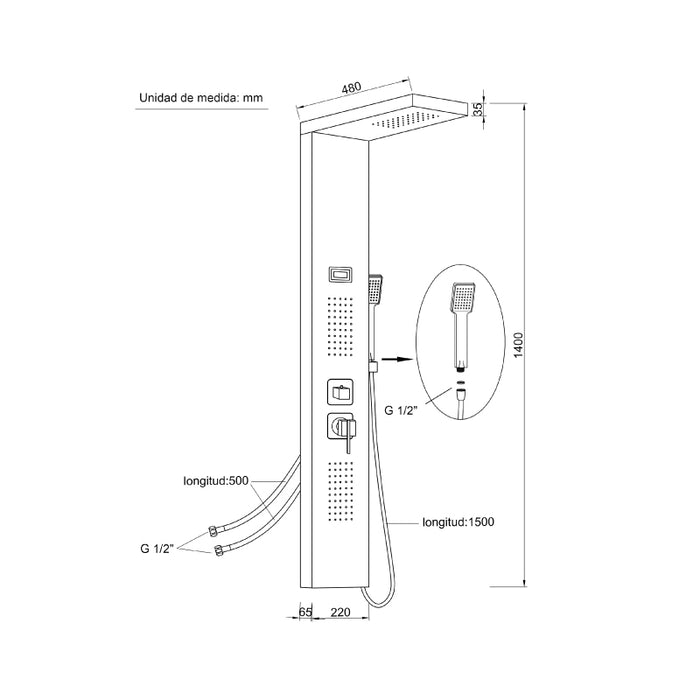 UNIVERSAL DE GRIFERÍA CH30017 HIDROTERAPIA Columna de Ducha Hidromasaje Inox