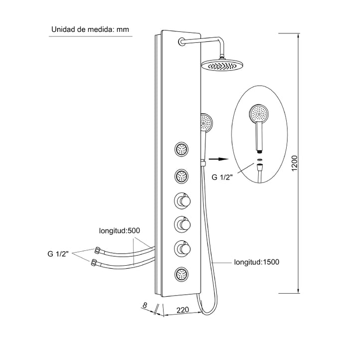 UNIVERSAL DE GRIFERÍA CH30027 HIDROTERAPIA Columna de Ducha Hidromasaje Cristal