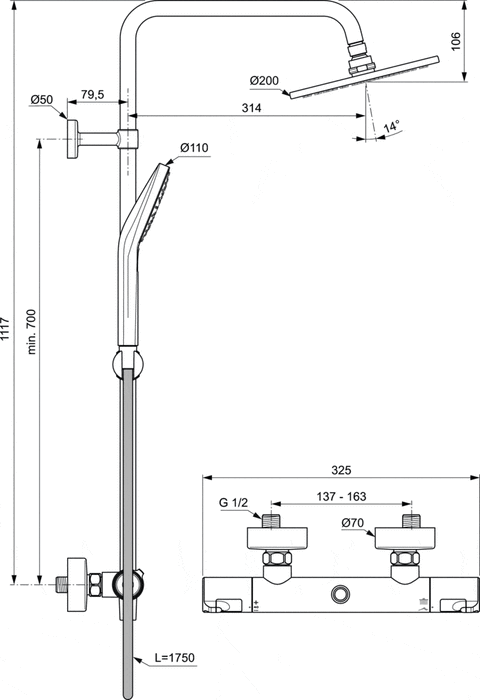 IDEAL STANDARD A7225AA CERATHERM T50 Columna de Ducha