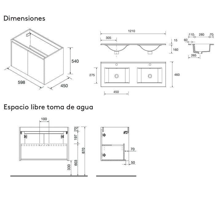 SALGAR 118845 NOJA Mueble+Lavabo+Espejo 4 Puertas 120 cm Color Roble África Encimera Derecha