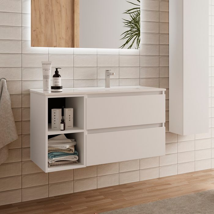 SALGAR BEQUIA Mueble de Baño con Lavabo 2 Cajones 2 Huecos Izquierda Blanco Mate