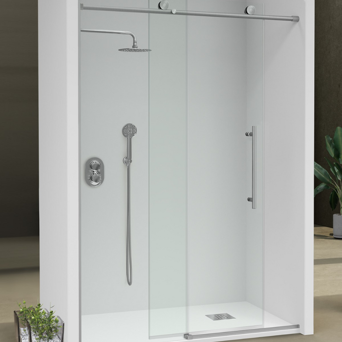 KASSANDRA BABILÓN Mampara Frente Ducha Fijo + Puerta Corredera Inox Cepillado Transparente