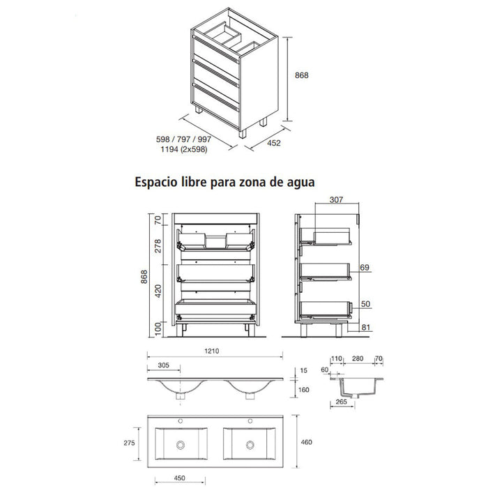 SALGAR 105166 ATTILA Mueble de Baño con Lavabo 6 Cajones 120 cm Color Roble África