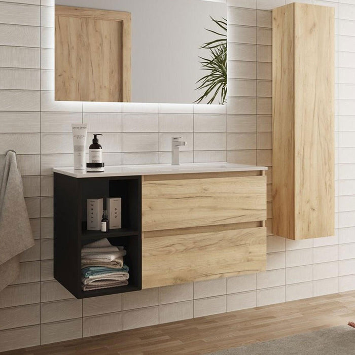 SALGAR BEQUIA Mueble de Baño con Lavabo 2 Cajones 2 Huecos Roble África Negro Izquierda