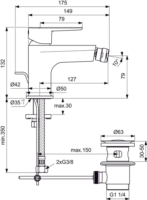 IDEAL STANDARD BC705XG CERAFINE O Grifo Monomando Bidé con Válvula Clic Clac Negro Seda