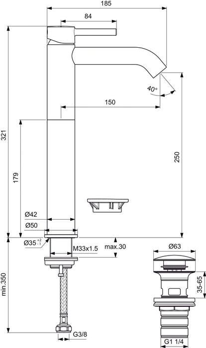 IDEAL STANDARD BD137XG CERALINE Grifo Monomando Lavabo Caño Alto con Válvula Clic Clac Negro Seda