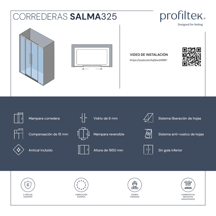 PROFILTEK SA-325 SALMA Mampara Corredera Frontal 2F+2C Perfil Alto Brillo Transparente