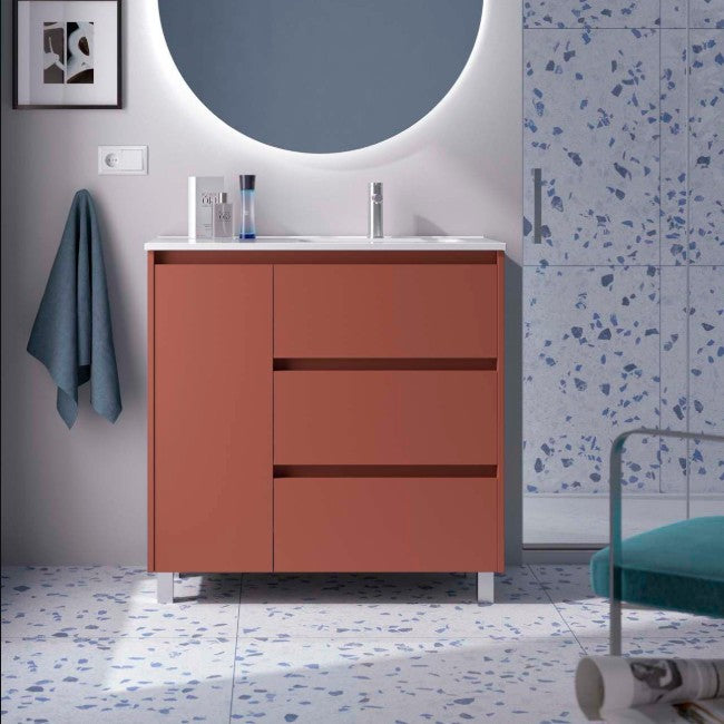 SALGAR NOJA 910 Mueble de Baño con Lavabo 3 Cajones 1 Puerta Izquierda Color Rojo Satinado