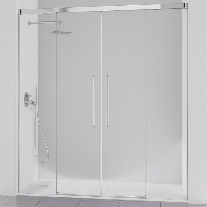 KASSANDRA PAVÍA Mampara Frente Ducha 2 Fijo +  2 Puertas Correderas Plata Brillo Transparente
