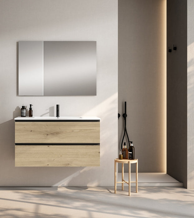 VISOBATH GRANADA Conjunto Completo Mueble de Baño Suspendido 2 Cajones Color Roble Costa Tirador Negro