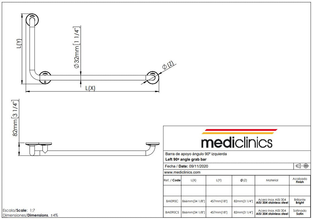 MEDICLINICS BAI090C Barra Ángulo 90 Izquierda Inox Brillo
