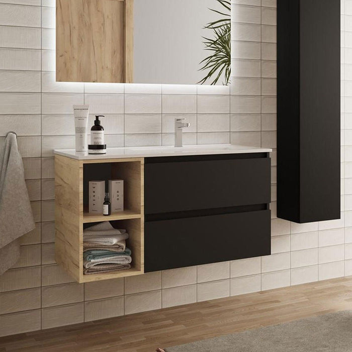 SALGAR BEQUIA Mueble de Baño con Lavabo 2 Cajones 2 Huecos Negro Roble África Izquierda