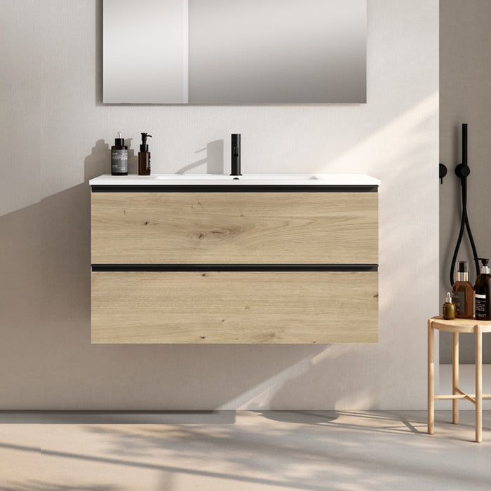 VISOBATH GRANADA Mueble de Baño con Lavabo Suspendido 2 Cajones Color Roble Costa Tirador Negro