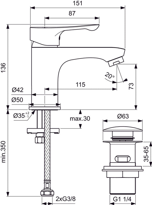 IDEAL STANDARD BC814AA ALPHA Grifo Monomando Lavabo con Válvula Click Cromo