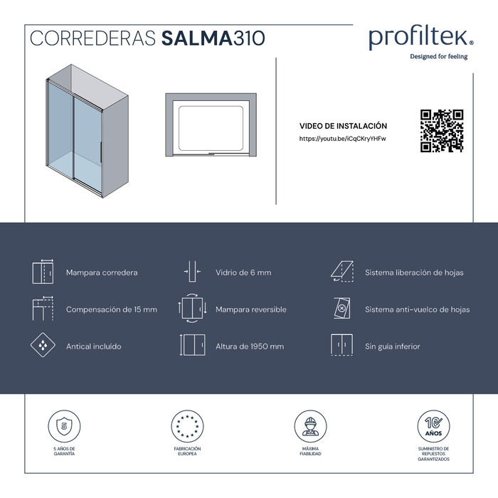 PROFILTEK SA-310 SALMA Mampara Corredera Frontal 1F+1C Perfil Negro Transparente