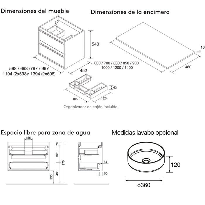 SALGAR 104977 ATTILA Mueble de Baño con Tapa Encimera 4 Cajones 120 cm Color Natural