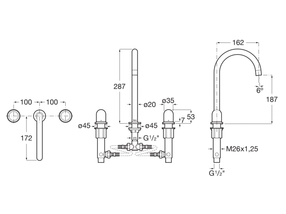ROCA A5A3V3FC00 NU Grifo Bimando Lavabo con Manetas de Repisa Maneta Dome Cromo