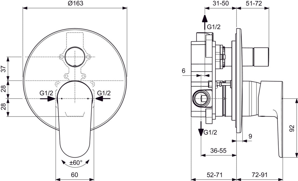 IDEAL STANDARD A7193AA CERAFINE O Grifo Monomando Baño/Ducha Empotrado 2 Vías Cromo