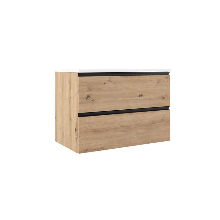 VISOBATH GRANADA Conjunto Completo Mueble de Baño Suspendido 2 Cajones Color Roble Costa Tirador Negro