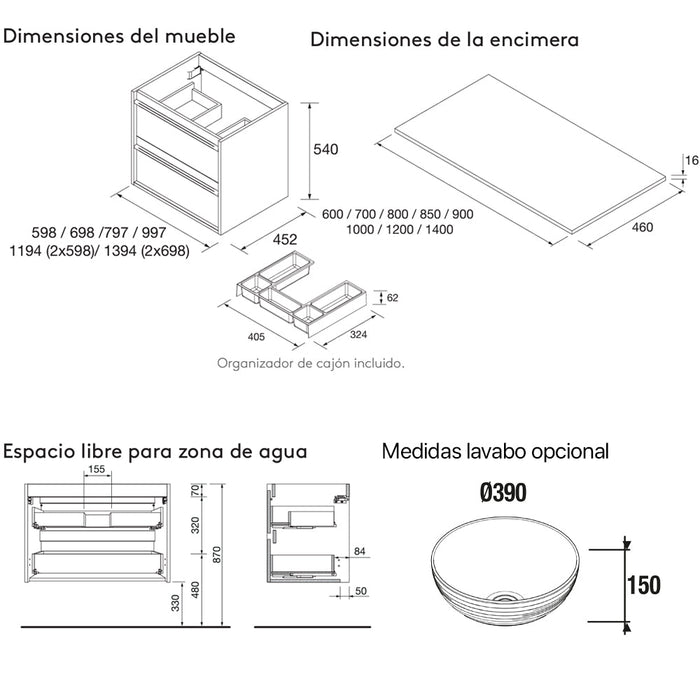 SALGAR ATTILA Mueble de Baño con Tapa Encimera 2 Cajones Color Negro Mate