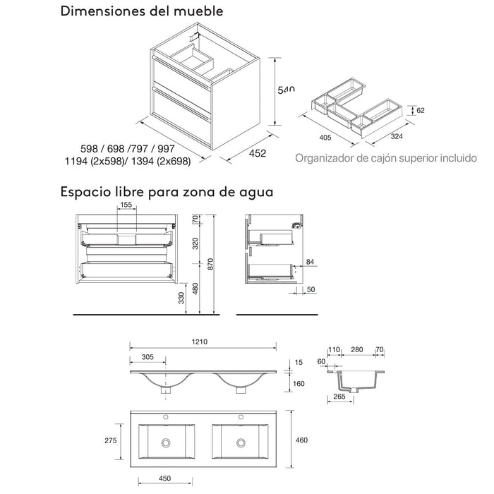 SALGAR 104836 ATTILA Mueble de Baño con Lavabo 4 Cajones 120 cm Color Natural