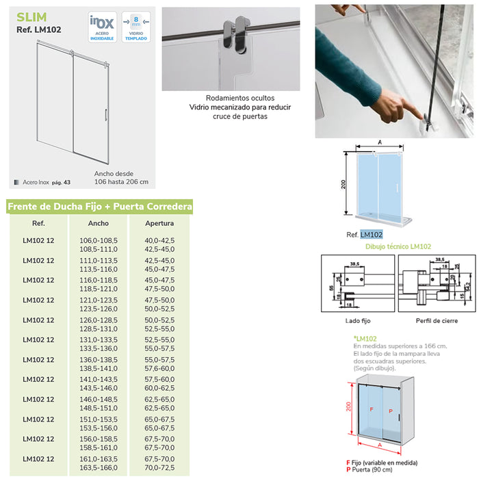 KASSANDRA LM102 SLIM Mampara Ducha 1F+1C Acero Inox Brillo Transparente