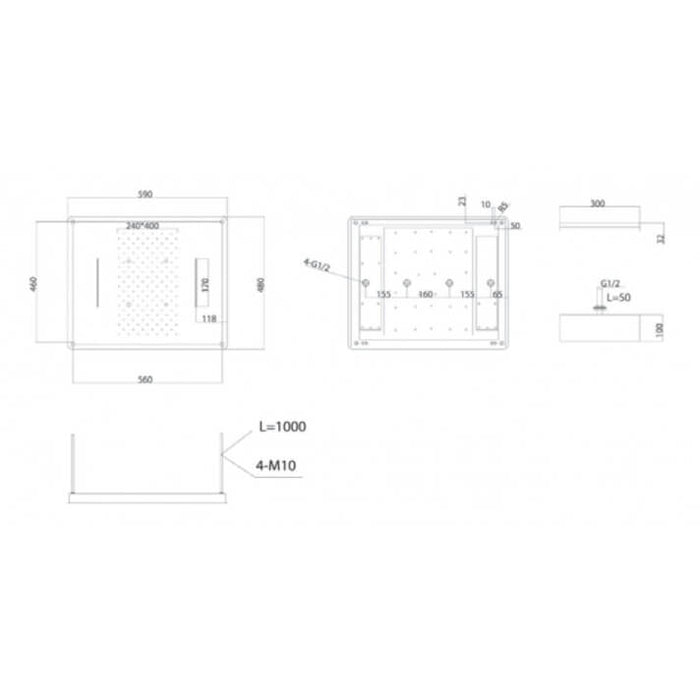 IMEX RDG590-P/NG Rociador Empotrado Rectangular 3 Vías con Premarco Negro Mate