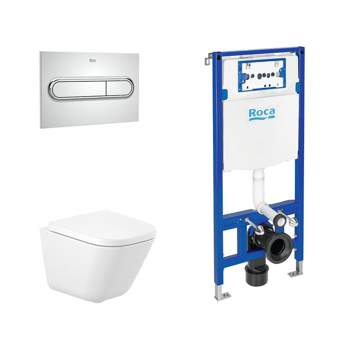 ROCA PACK THE GAP 48 SQUARE+DUPLO Inodoro Suspendido Rimless Fijaciones Ocultas Pulsador Cromo