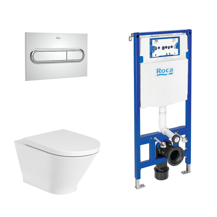 ROCA PACK THE GAP 54 ROUND+DUPLO Inodoro Suspendido Rimless Fijaciones Ocultas Pulsador Cromo