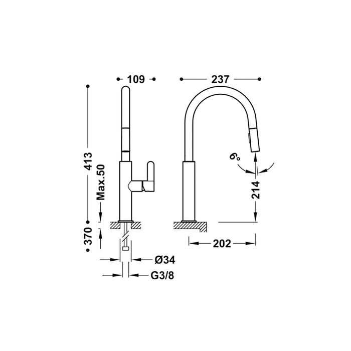 TRES 23043804 COCINA Grifo Monomando Fregadero con Caño Extraíble 2 Chorros Cromo