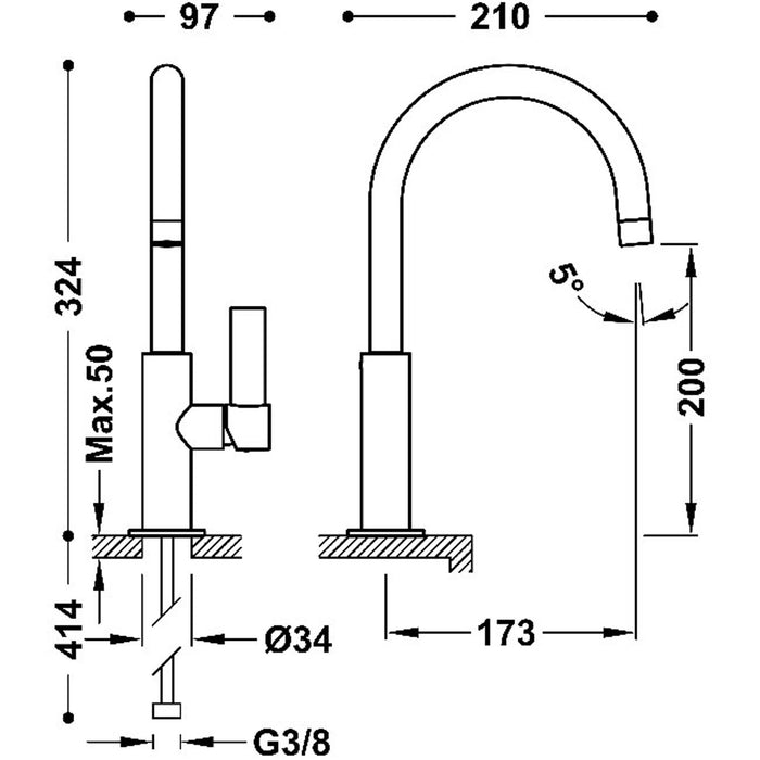 TRES 21190501OP PROJECT-TRES Grifo Monomando Alto Con Maneta Lateral Para Lavabo Oro Rosa 24K