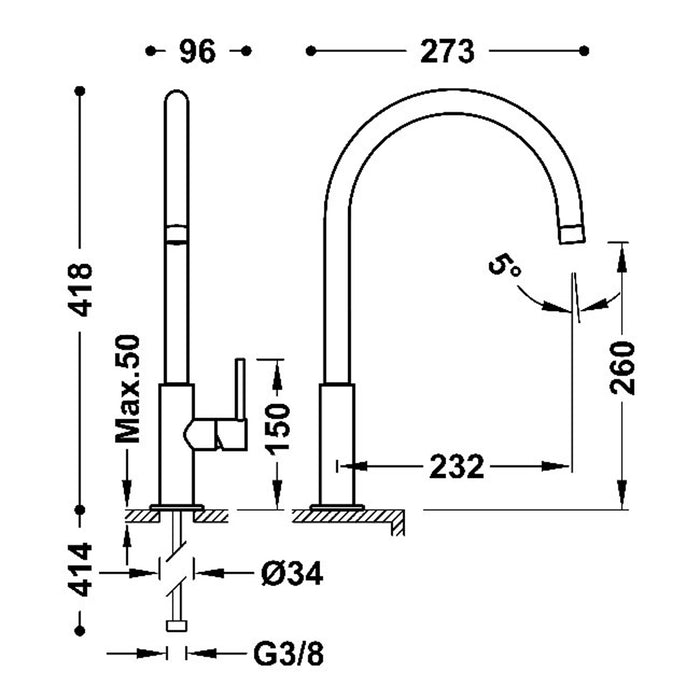 TRES 26290401OPM STUDY EXCLUSIVE Grifo Monomando XXL Con Maneta Lateral Para Lavabo Oro Rosa Mate