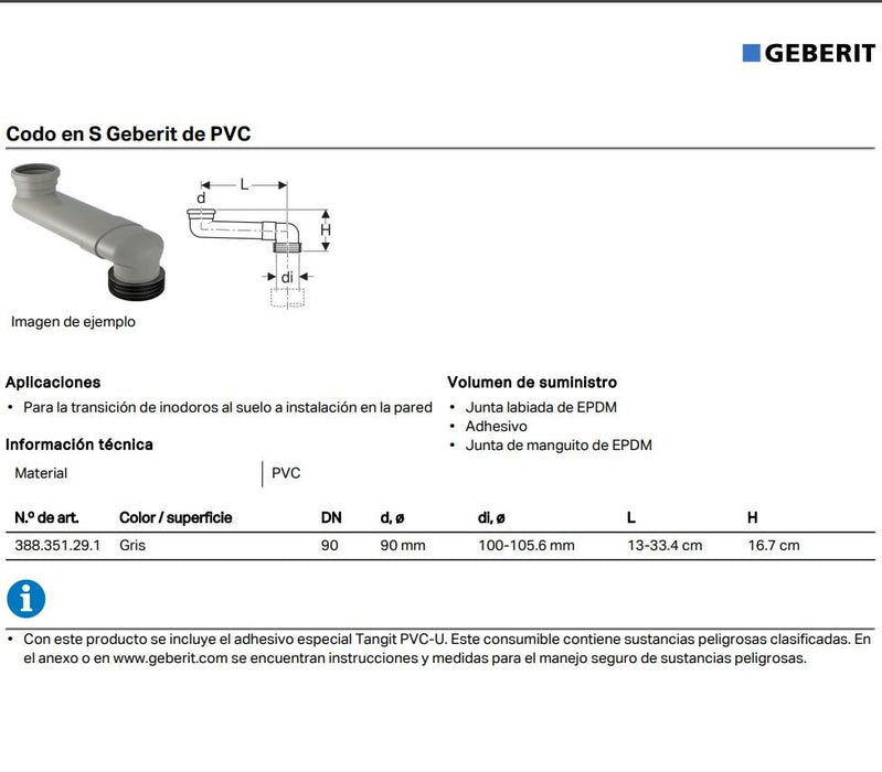 GEBERIT 388.351.29.1 Codo Desplazamiento Inodoro 24/48 Horas Geberit 