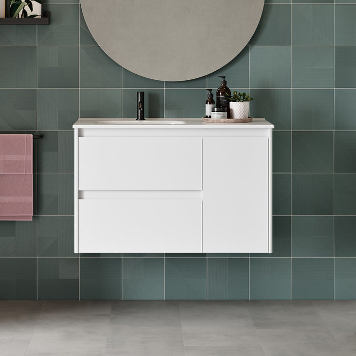 ROYO ALFA Conjunto Mueble de Baño Completo 2 Cajones 1 Puerta 90 cm Blanco Brillo