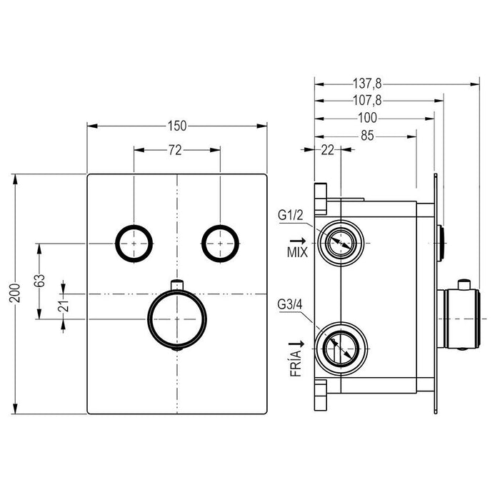 LLAVISAN L154504 Grifo Termostático De Empotrar PULSAR 2 vías Redondo Pared