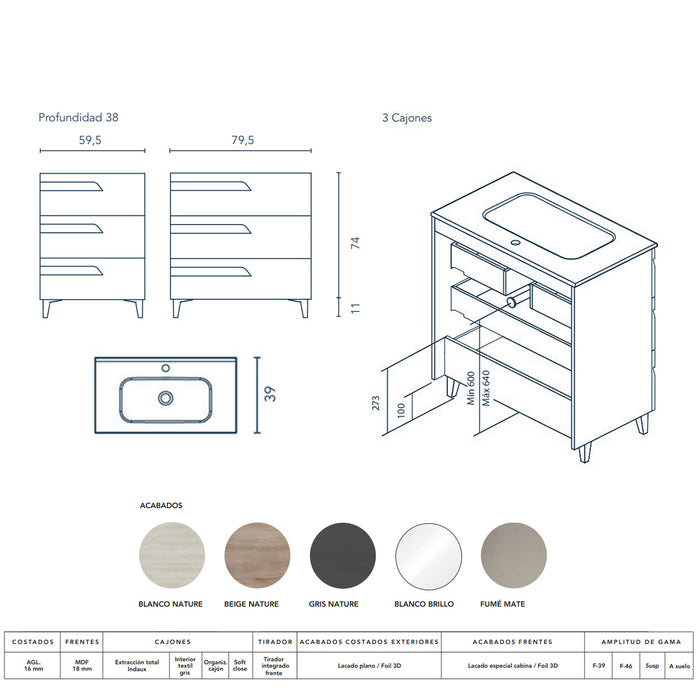 ROYO VITALE Conjunto Mueble de Baño Completo Fondo Reducido 3 Cajones Gris Nature